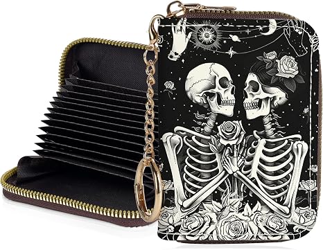 Credit Card Holder for Women,Small Rfid Wallet with Keychain Zipper,Cute PU Leather Card Case Wallet，Accordion Credit Card Wallets Gift,Skeleton Couple