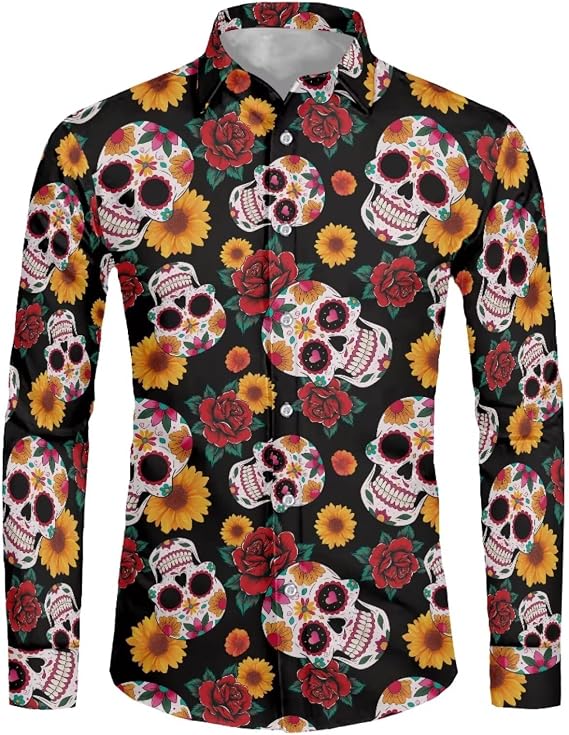 Halloween Print Button Down V-Neck Shirt for Men Casual Fit Long Sleeve T-Shirt - skull tshirt