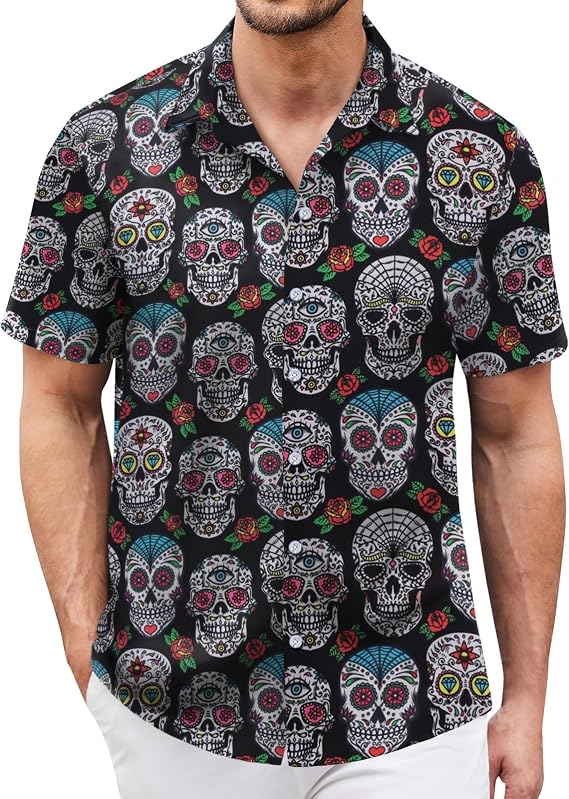 Hawaiian Shirt for Men Short Sleeves Tropical Printed Casual Button Down Summer Beach Floral Shirts - skull tshirt