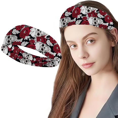 Halloween Headbands for Women, Skull Hairbands Red Peony Flowers Design Turban Halloween Printed Stylish Sport Sweat Hair Wrap Stretch Knotted Head Wraps Fashion Party Hair Accessories - skull headband