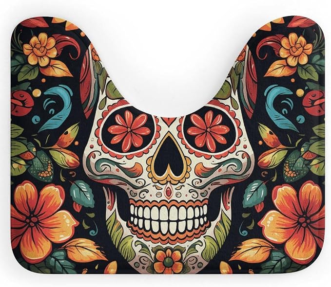 Colorful Sugar Skull Toilet Rugs 16"x 20" U Shape Quick Dry Bathroom Mat Ultra Thin Toilet Rug Machine Washable Non Slip Bath Mat for Bathroom, Shower and Tub - skull toilet mat
