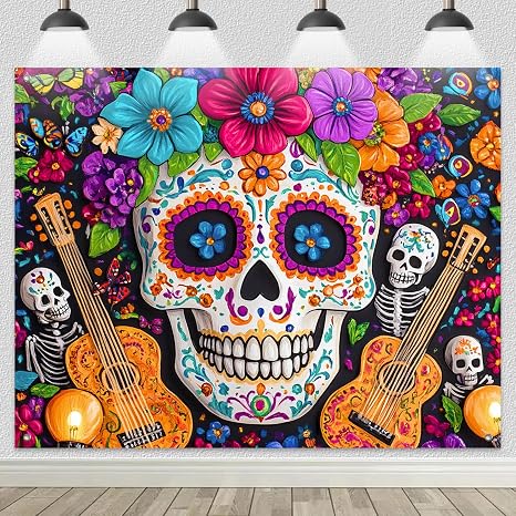 Day of the Dead Sugar Skull Guitar Backdrop 8x6ft - skull carpet