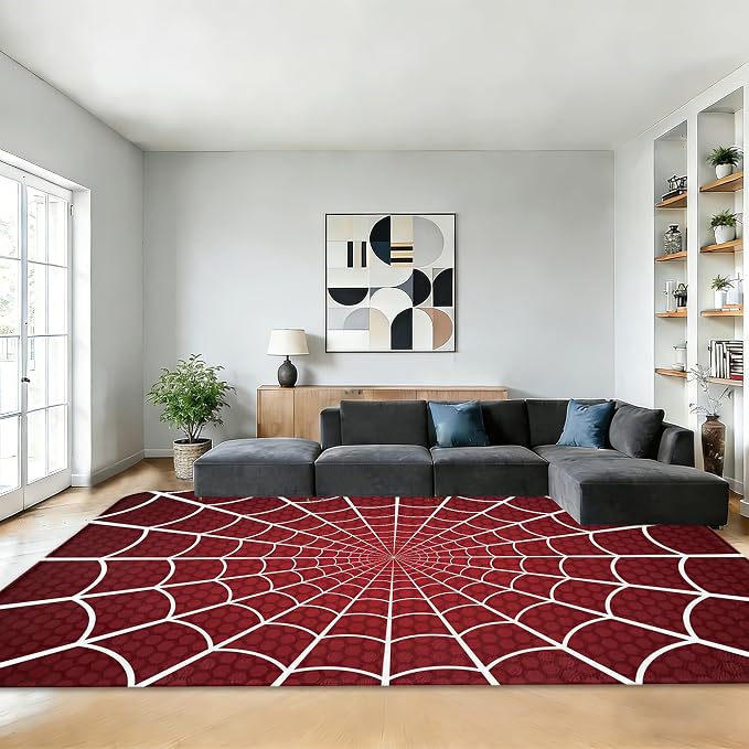Red Spider Web Area Rugs for Living Room 5x7,Halloween Spiderweb Bedroom Rug Washable Non-Slip Soft Floor Big Carpets for Dining Room Nursery,Kids Home Decor Aesthetic - skull carpet