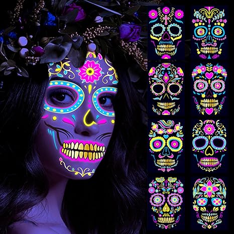 8 Sheets Day of the Dead Neon Face Tattoos, Halloween Temporary Tattoos - sugar skull makeup