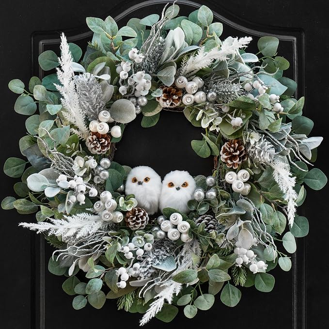 Winter Wreath for Front Door, 24 Inch Christmas Wreath with Owl Decor, Pine Cones, and Evergreen Greenery, Festive Winter Door Decor, Artificial Holiday Farmhouse Rustic Wreath - skull wreath