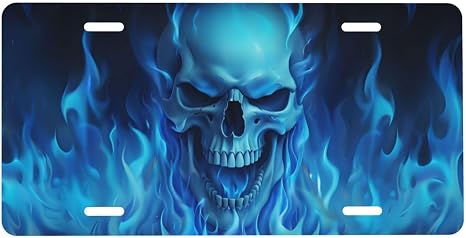 Blue Fire Skull Front License Plate 6" * 12" for Women - skull plate