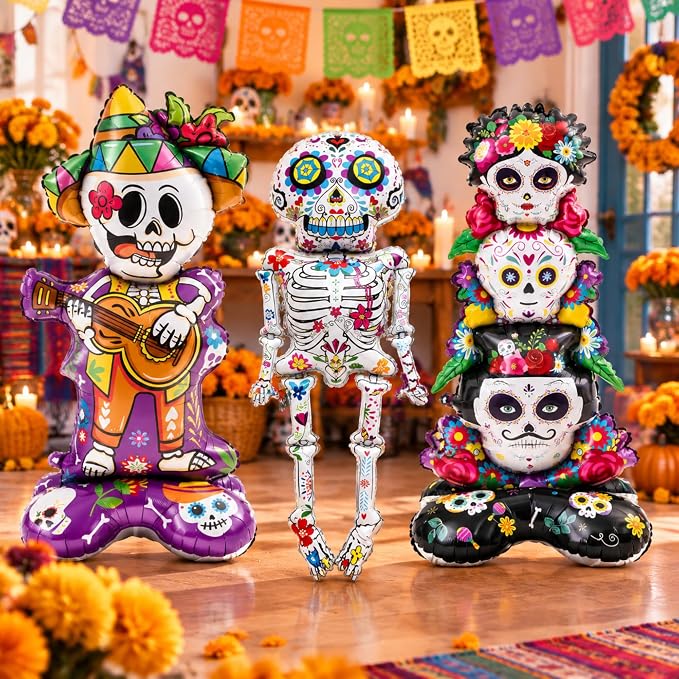 3 Pcs Day of the Dead Skeleton Foil Balloons Self Standing - skull inflatable