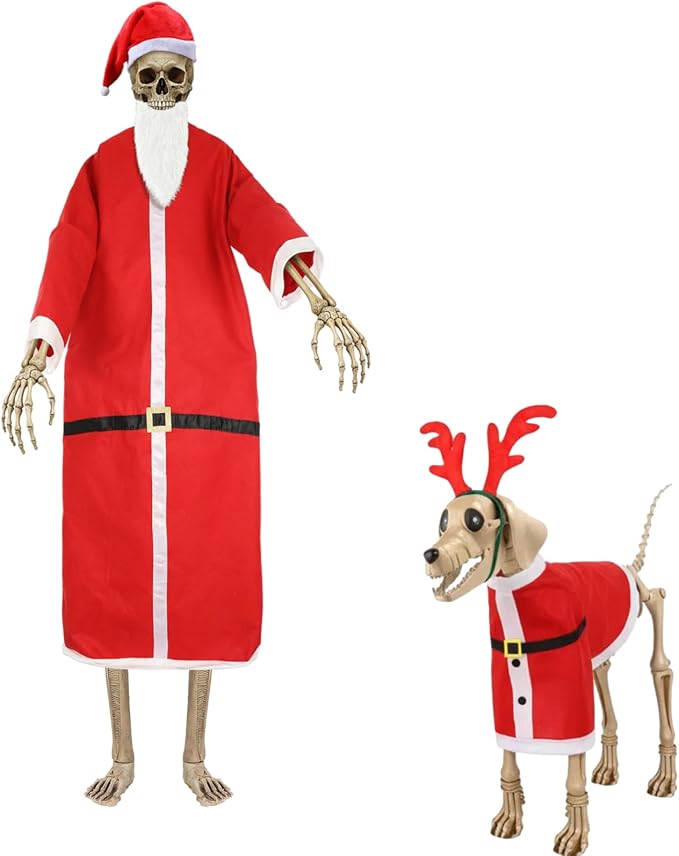 6 Pcs Giant Christmas Skeletons Costume 7 ft Skeleton Dog and 12ft Skeleton Accessories Santa Hat Beard Outfit Antler Headband Cape for Xmas Garden Yard Outdoor Not Include Skeletons - skeleton