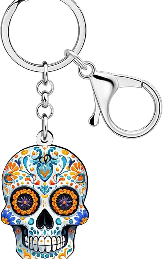 WEVENI Spooky Sugar Skull Gifts for Women Acrylic Flower Skull Keychain Halloween Key Chain Charm Day of the Dead Accessories - sugar skull handbags for sale