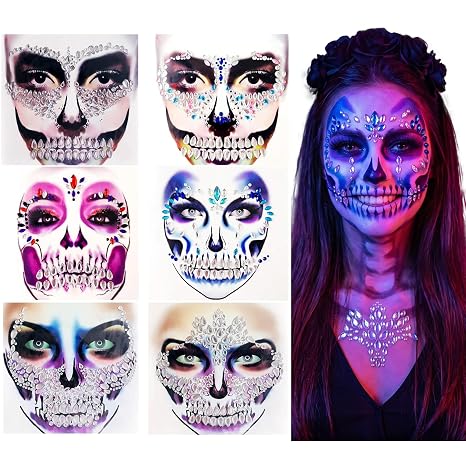 Kotbs Halloween Skeleton Face Gems - 6 Pack Skull Face Jewels Rhinestone - sugar skull makeup