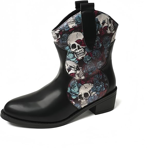 Women's Mid Calf Knee High Cowboy Combat Boots Vintage Ethnic Flower Design Leather Lace Up Round Toe Chunky Low Heels Riding Boots Boho Winter Fall Dress Boots Party Decor - sugar skull boots