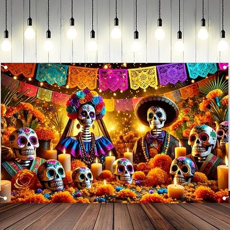 Day of The Dead Banner 71x43 inch Dia de Los Muertos Colorful Sugar Skull Banner withMarigold Flowers and Candles for Halloween Party Decorations Festival Decor - skull candle