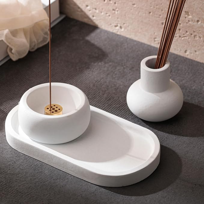 Concrete Incense Burner Set with Holder and Tray,Multifunction Incense Holder for Burning Sage,Palo Santo,Incense Sticks,Ideal for Meditation Home Decor(White) - skull incense burner