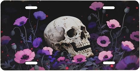 Floral Skull Purple Front License Plate 6" * 12" for Women - skull plate