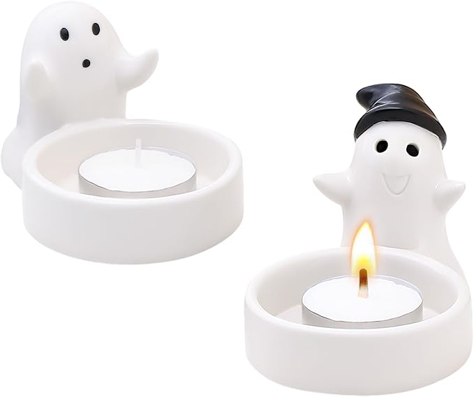 Set of 2 Cute Ghost Tealight Candle Holders, Halloween Decorations Indoor, Small Cartoon Ceramic Taper Tealight Candle Holder for Home Office Party Wedding Holiday Decor Gift, Not Included Candle - skull candle