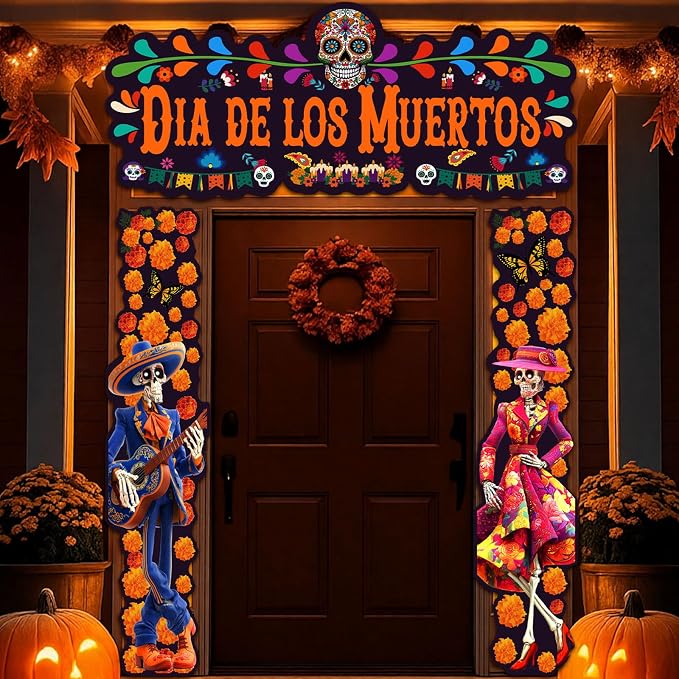 Frienda 3 Pcs Dia De Los Muertos Decor Day of The Dead Banner Sign Porch