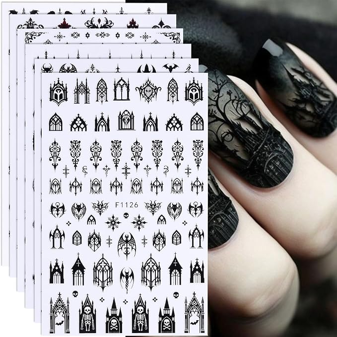 Halloween Nail Art Stickers Decals 3D Gothic Nail Stickers 6PCS Black Skulls Bat Gothic Architecture Design Self-Adhesive Nail Decals Y2K Manicure Accessories for Women Holiday Nail Art Decorations - skull sticker