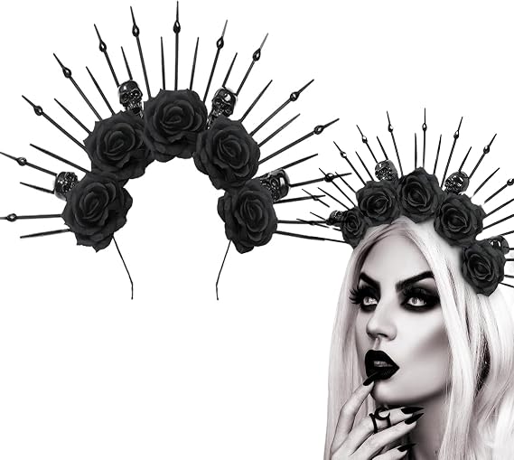 AUOCATTAIL Black Rose Flower Hair Hoop Skull Headband Gothic Cosplay Halloween Party Cosutmes Props Headpiece Accessory - skull headband