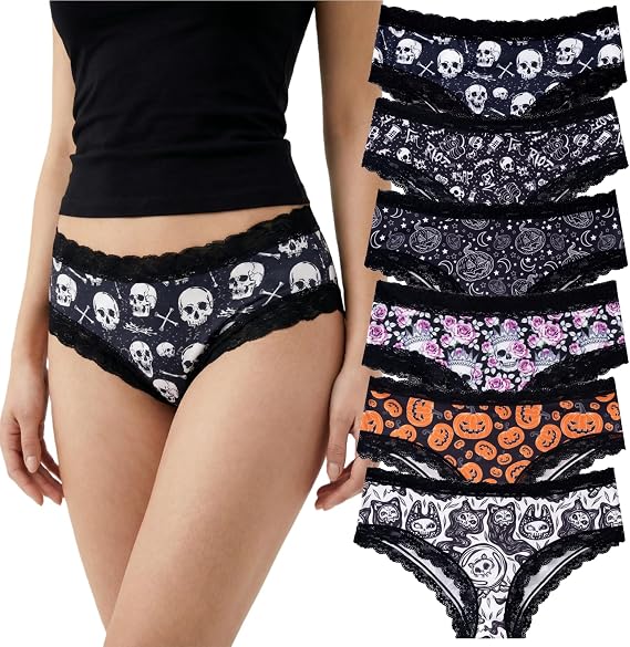 TenderTouch Women's Gothic Hipster Panties 6 Pack Soft Lace Briefs - skull swimsuit