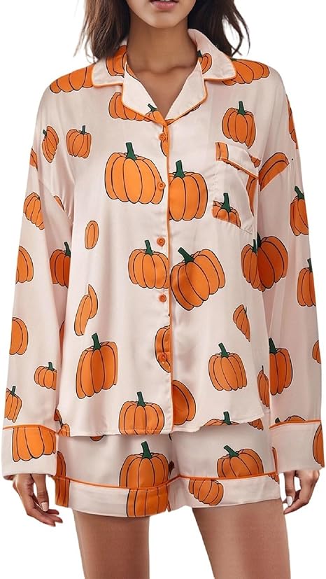 Argeousgor Womens Halloween 2 Piece Pajamas Sets Pumpkin Skull Print Long Sleeve Button Down Shirt and Shorts Y2k Sleepwear - skull pajamas