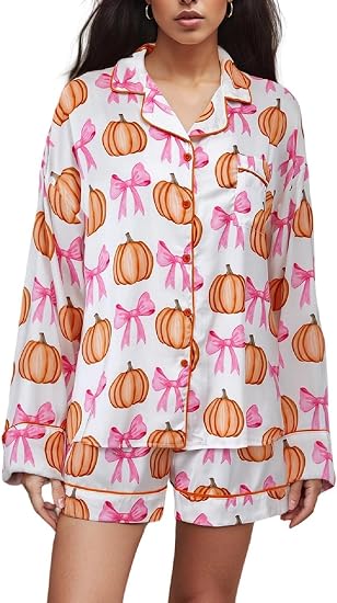 Argeousgor Womens Halloween 2 Piece Pajamas Sets Pumpkin Skull Print Long Sleeve Button Down Shirt and Shorts Y2k Sleepwear - skull pajamas