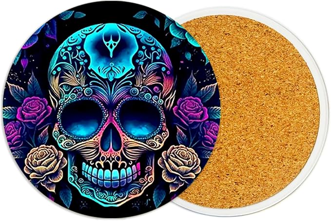 2Pcs Colorful Skull Ceramic Coasters with Cork Base Absorbent Cup Mat - skull coaster