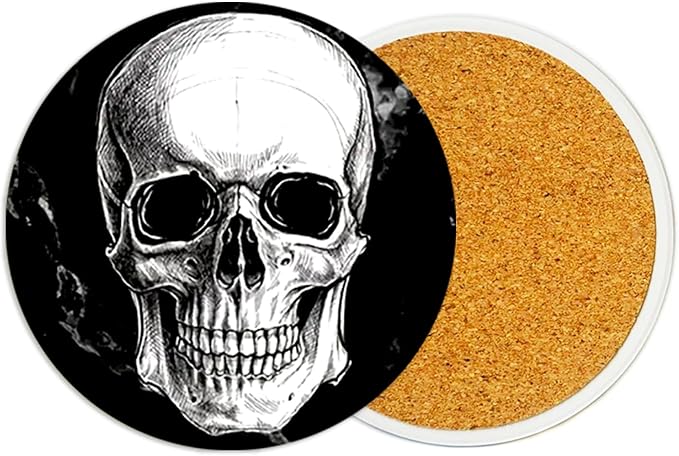 2Pcs Skull Ceramic Coasters with Cork Base Absorbent Cup Mat for Drinks - skull coaster