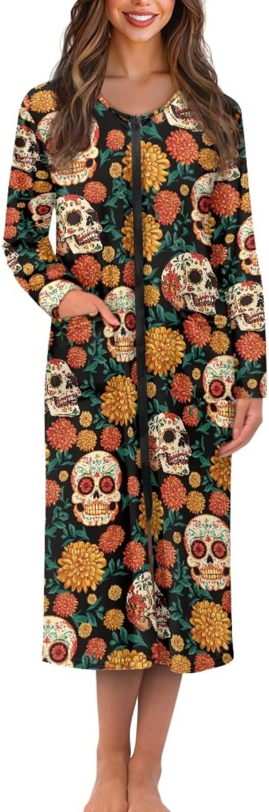 Talayituse Nightgowns for Women Zipper Front Robes for Women House Coat with Pockets Comfy Sleep Dress Crew Neck Loungewear - skull pajamas