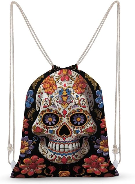 Sugar Skulls Drawstring Backpack - Canvas Sports Gym Sackpack, Lightweight String Bag for Beach & Travel - skull backpack