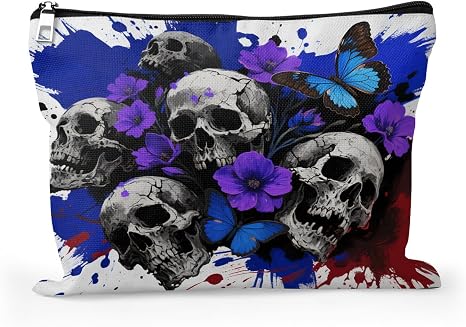 Cafl Bold Floral Skull & Butterfly Splatter Makeup Bag for Women Large Capacity Make Up Bag Portable Travel Cosmetic Bag Toiletry Pouch Organizer 10 * 8inch - skull suitcase