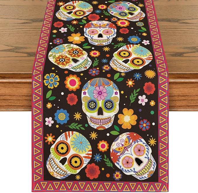 Day of The Dead Table Runner Sugar Skull Dia De Los Muertos Mexican Festival Holiday Kitchen Dining Room Home Decoration (13" x 72") (25) - skull floor mat