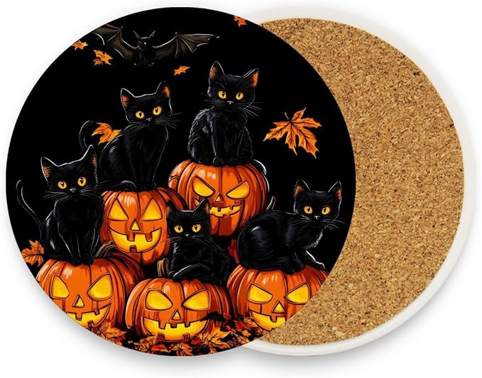 Black Cat Pumpkin Drink Coaster with Cork Base, Round Moisture Absorbent Coasters Set Tabletop Protection Prevent Furniture Damage - skull coaster