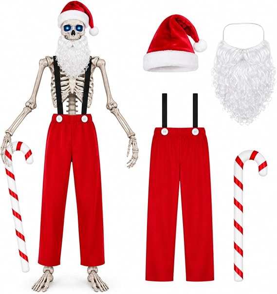 JcHrmers 12ft Skeleton Christmas Costume Set Including Extra Large Overalls Santa Trousers Beard Hat and Cane for Festival Holiday Garden Lawn Patio Outdoor Christmas Decoration - skeleton
