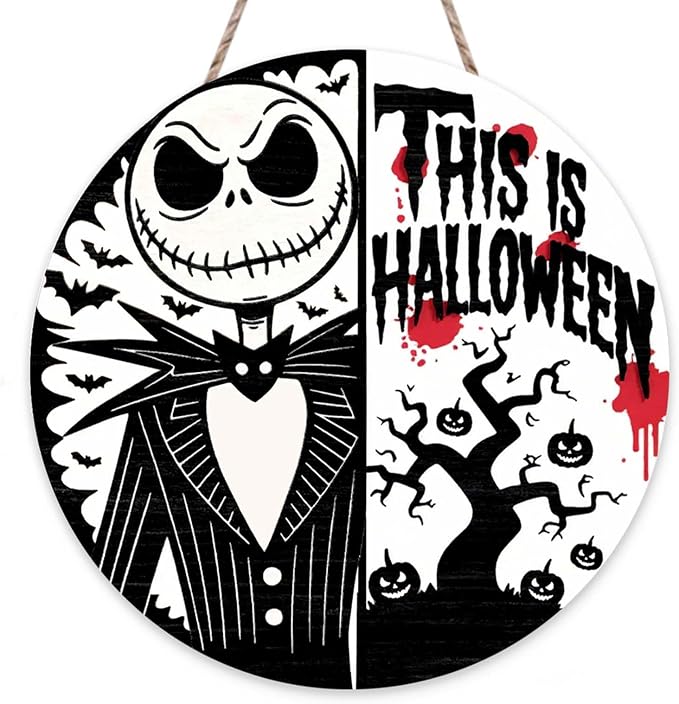 Halloween Skull Door Sign Halloween Front Door Hanger Decor Horror This is Halloween Rustic Wood Hanging Door Wreath Home Party Outdoor Wall Decor 12×12in - skull wreath