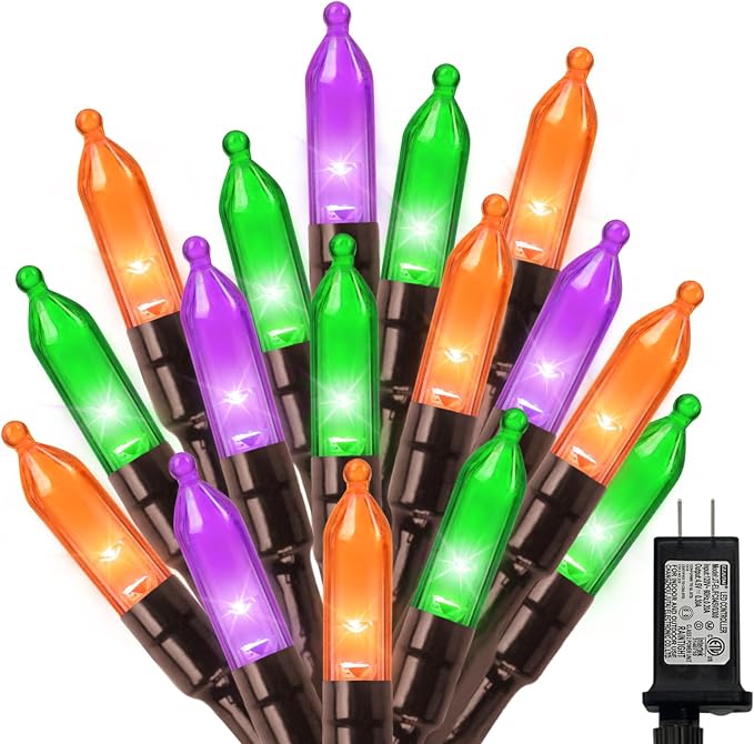 LAMPHOME Orange Purple Green Halloween String Lights Outdoor, 32.5FT 100 LED Waterproof Christmas Lights with 16 Lighting Modes for Halloween Garden Party Christmas Xmas Tree Lights Decor - string light
