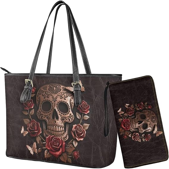 Lotusorchid Handbags Wallet Tote Bag, Women Top Handle Bag with Wrist Strap Wallet for Travel - sugar skull handbags for sale