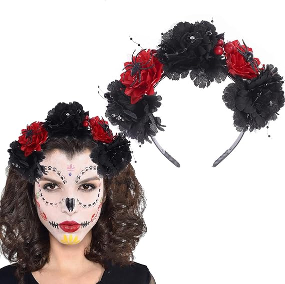 AUOCATTAIL Mexican Rose Flower Crown Headband Day of The Dead Headpiece Women Party Headwear Dress Up Accessories - skull headband