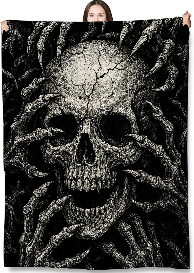 Skull Gothic Throw Blanket Gifts for Adults Kids, Dark Horror Skeleton Claw Blankets for Living Room Bedroom Decor, Fuzzy Warm Flannel Plush 50"x60" - skull blanket