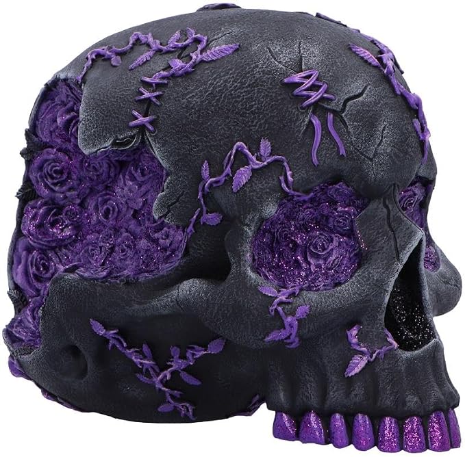 Nemesis Now Rose Geode Skull Figurine 15cm, Black Purple Gothic Crystal Skull Statue, Hand-Painted Resin Glitter Decor Collectible Sculpture - skull figurine