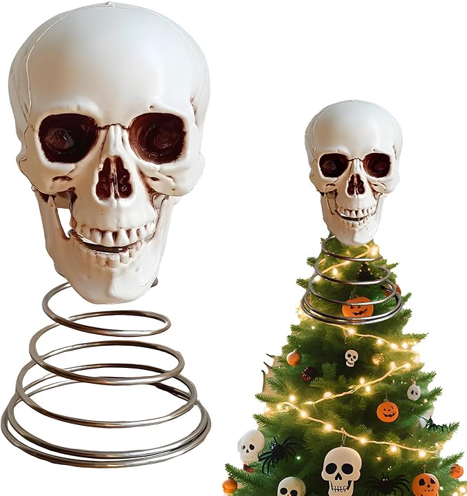 Halloween Tree Topper, Skull Tree Topper Decor, Christmas Trees Spooky Decorations, 5 Inch Skeleton Head Party Props for Halloween Garden Home Lawn Party Decor - skeleton