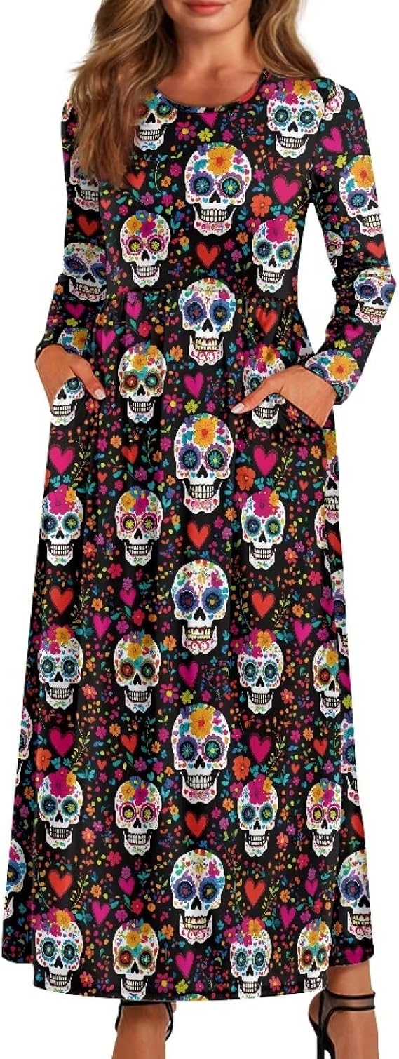 Festival Theme Dress for Women Long Sleeve A-Line Waist Pockets Dress with Pockets Loose Ruffled Sundress - sugar skull dress