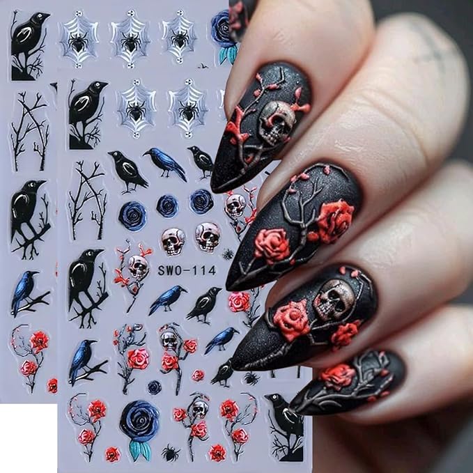 Halloween Nail Art Stickers Decals Black Style 5D Halloween Nail Stickers 2PCS Birds Skull Rose Spider Web Designs Nails Adhesive Decals Nail Art Supplies Holiday Manicure Sliders for Women - skull sticker