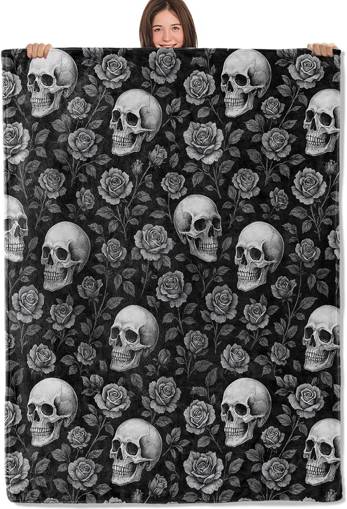 Gothic Skull Rose Blanket Soft Lightweight Flannel Throw Blanket for Living Room Bedding Travel Home Decor Cozy 50x60 Inch Blankets Gifts for Adults Kids Women Men - skull blanket