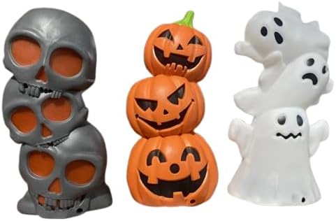 KDZO Halloween Motion Activated LED Decorative Lights, 7 Inch Assorted Spooky Statues with Skulls, Jack-o-Lanterns and Ghosts, Set of 3