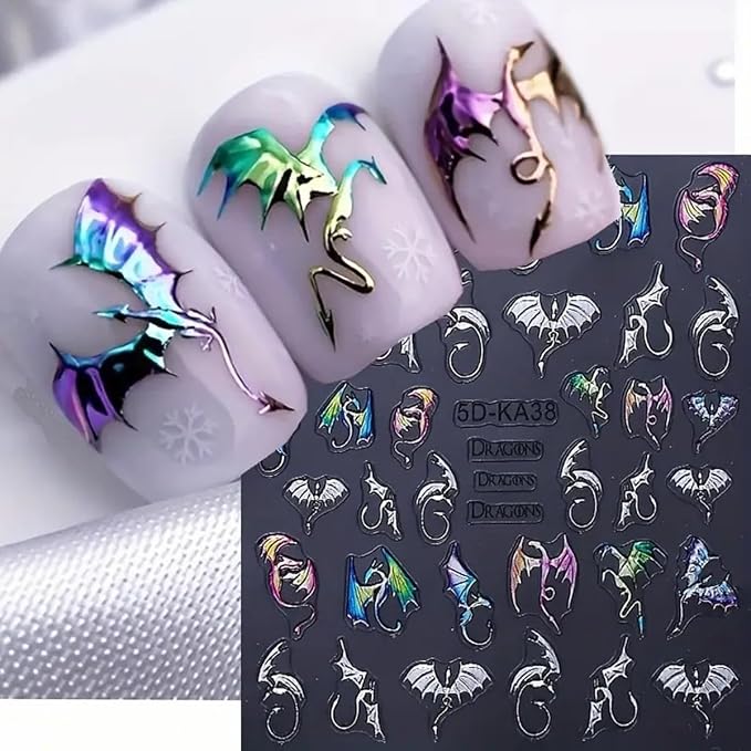 Halloween Nail Stickers 5D Dragon Nail Art Stickers 2PCS Laser Silvery Flying Devil Bat Nails Design Embossed Nail Decals Flying Dragon Manicure Sticker Supply for Women Nail Art Decorations - string light