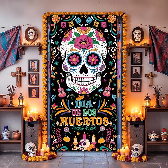 Day of The Dead Dia De Los Muertos Decorations Door Cover, Black Color Dia de los Muertos Porch Sign Background Mexican Halloween Banner for Indoor and Outdoor Sugar Skull Party Decoration - skull floor mat