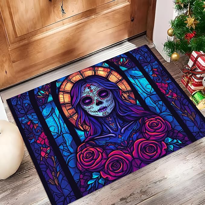 Gothic Sugar Skull Easy Entryway Rug, Navy Blue 1'5"X2'5" Rugs for Living Room, Vintage Glass Painting Washable Indoor Carpet, Non Slip Stain Resistant Front Door Carpet for Bathroom Bedroom - skull carpet