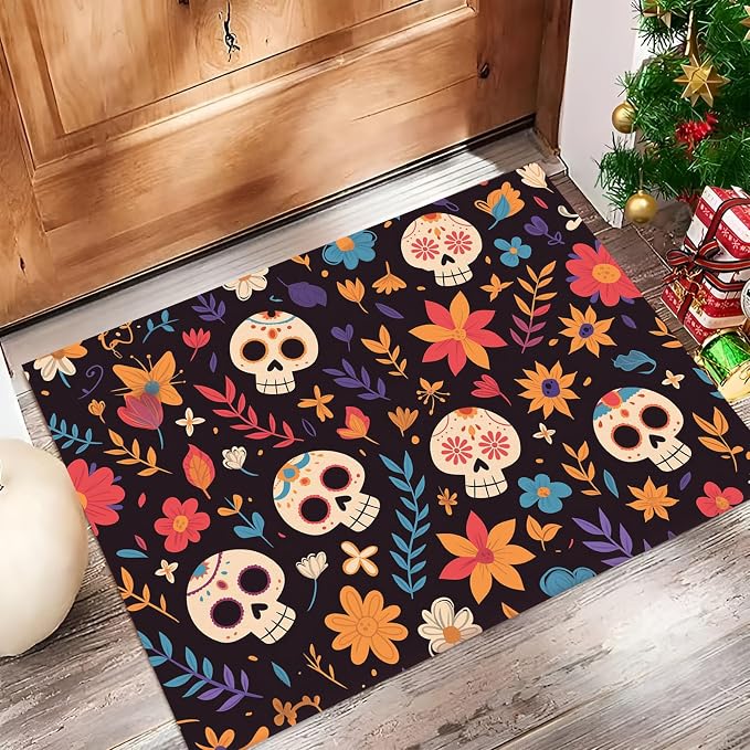 2'X3' Washable Entry Rug Door Mat Indoor Entrance, Cartoon Sugar Skull Small Rug for Kitchen Bedroom, Non-Slip Stain Resistant Throw Carpet Halloween Flowers Entryway Decor, Black - skull carpet
