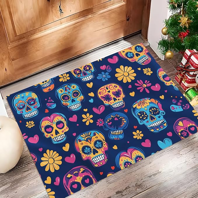 Small Navy Entryway Rug - 1'3"X2' Front Door Rug Indoor Entrance, Hippie Sugar Skull Small Carpet for Kitchen Floor, Washable Low Pile Non Slip, Mexican Floral Print Home Décor - skull carpet