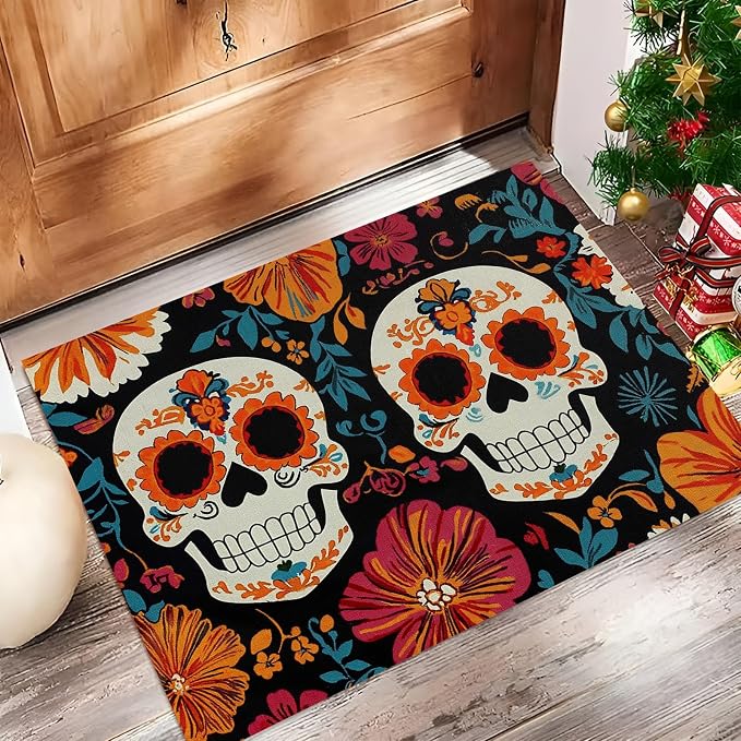 Small Indigo Entryway Rug - 1'3"X2' Front Door Rug Indoor Entrance, Mexican Sugar Skull Small Carpet for Kitchen Floor, Washable Low Pile Non Slip, Traditional Plants Print Home Décor - skull carpet